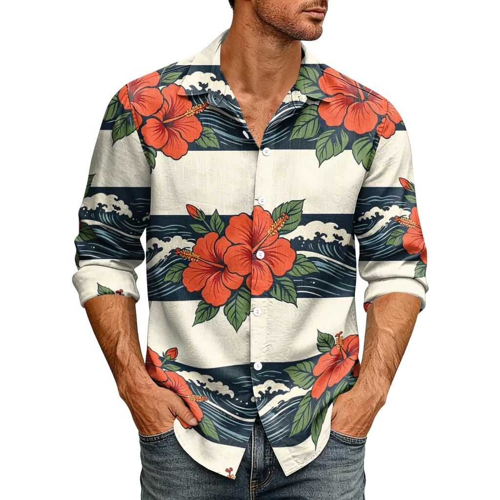Men's Loose Fit Long Sleeve Shirt Hawaiian Style Button Down Collar Casual Vintage Design Lightweight Breathable Fabric Suitable for Spring Autumn