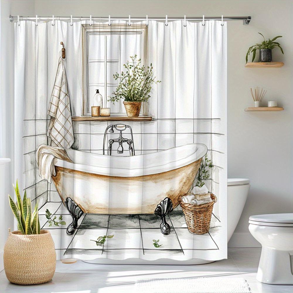 Rustikaler Duschvorhang für Badewanne Vintage-Klauefußwanne und Fliesendesign Polyester-Badvorhang mit 12 Haken für gemütliche Dekoration