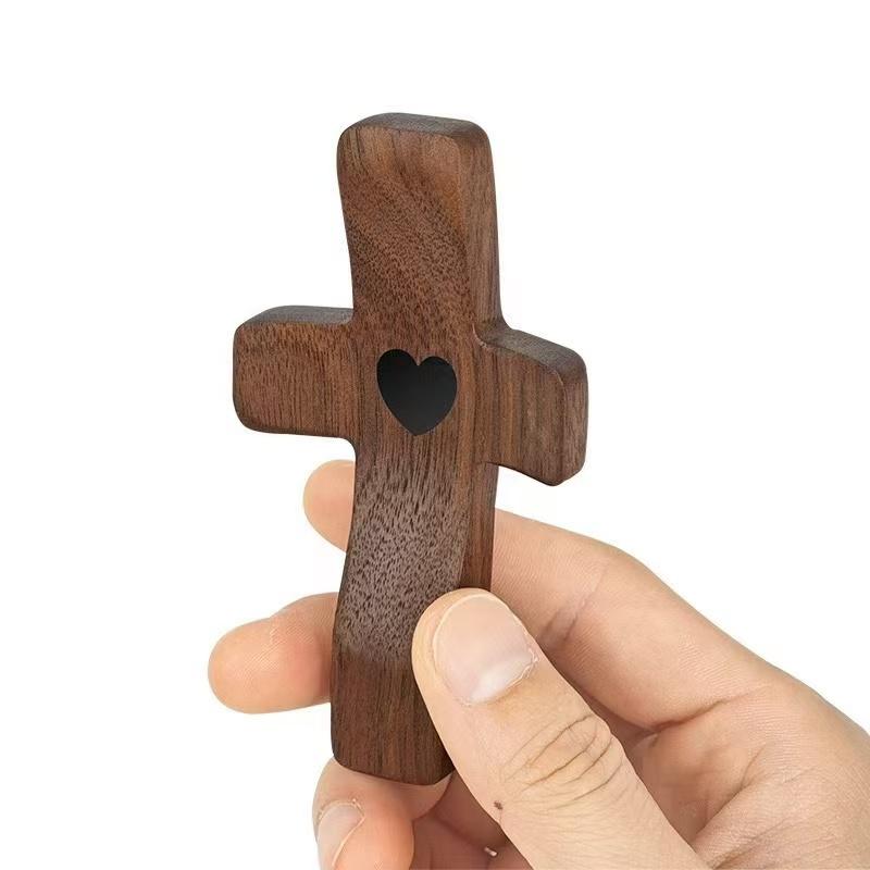 Black Walnut Thumb Cross – Handheld Solid Wood Craft for Easter, Church, Palm Prayer Piece