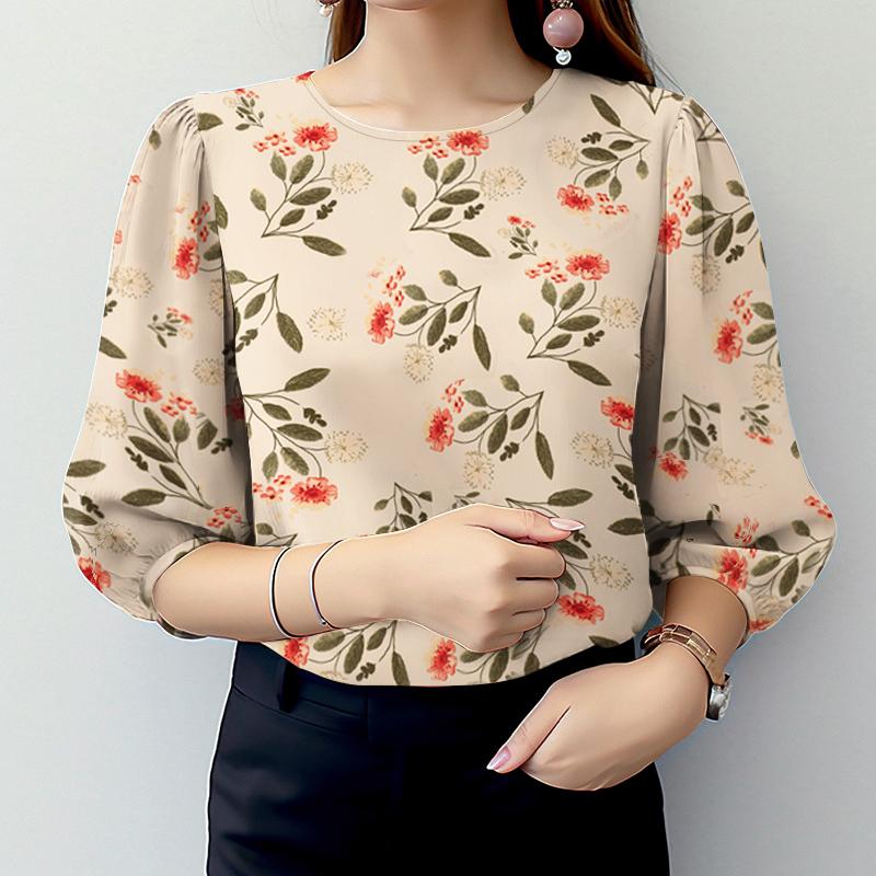 

ZANZEA Женская повседневная блузка с круглым вырезом и рукавом 3/4 с цветочным принтом S бежевый