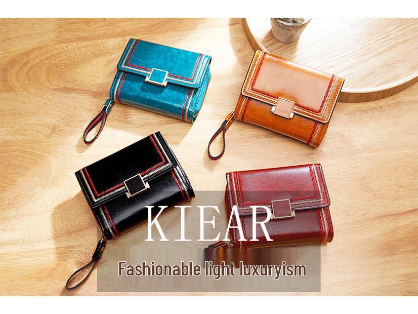 2025 Women's Retro Oil Wax Leather Accordion Wallet - Multi-Card Slot, Zipper, Short Style