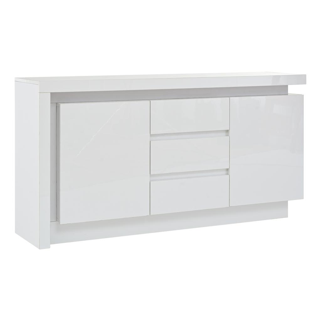 Credenza 140*35*72cm, Cassettiera per Camera da Letto, Soggiorno, con 3 Cassetti, Ripiani Regolabili e 2 Ante, Mobile Laccato Lucido con LED, Bianco