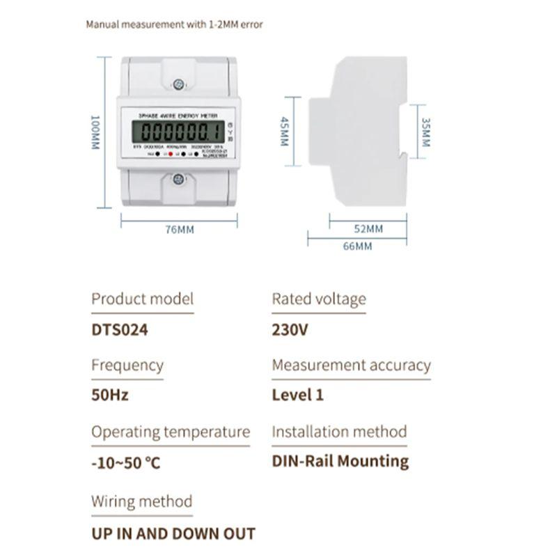 AEE4-LCD AC Din Rail 230V 3 Phase 4 Wire Energy Meter Power Consumption Monitor Kwh Meter Wattmeter 3X30(100A) 50/60HZ