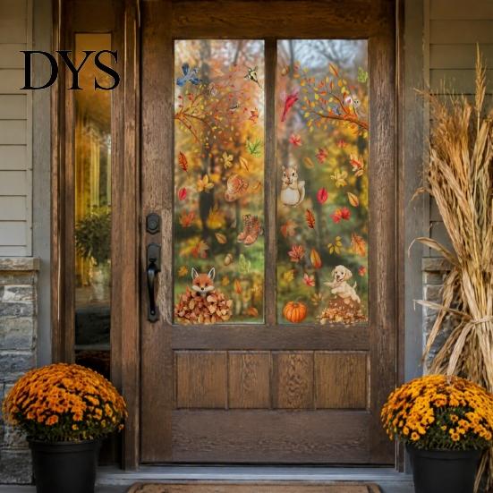DIY Fall Party Window Ornaments 9PCS Thanksgiving Static Clings, Leaves Birds Cute Animals Easy Clean Film for Winter Glass Stickers, No-Adhesive