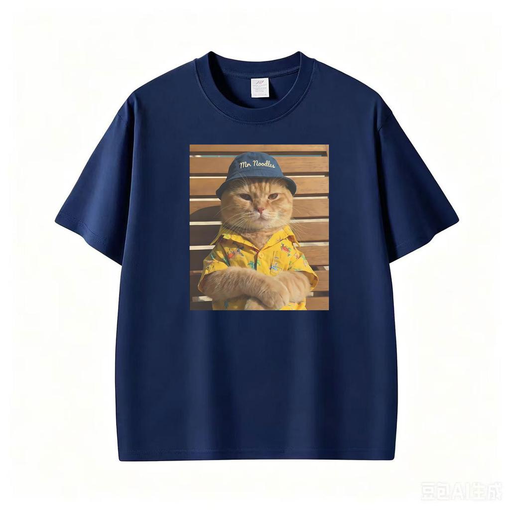 Mr Noodle Cat In Bucket Hat Funny Kitty Photo T Shirts Unisex Retro Short Sleeve Tshirt Unisexs Clothing Casual Oversized Tshirt