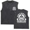 Men's Vintage Washed Sleeveless T-Shirt Powerhouse Gym Print Bodybuilding Tank Top Cotton Casual Muscle Fitness Vest