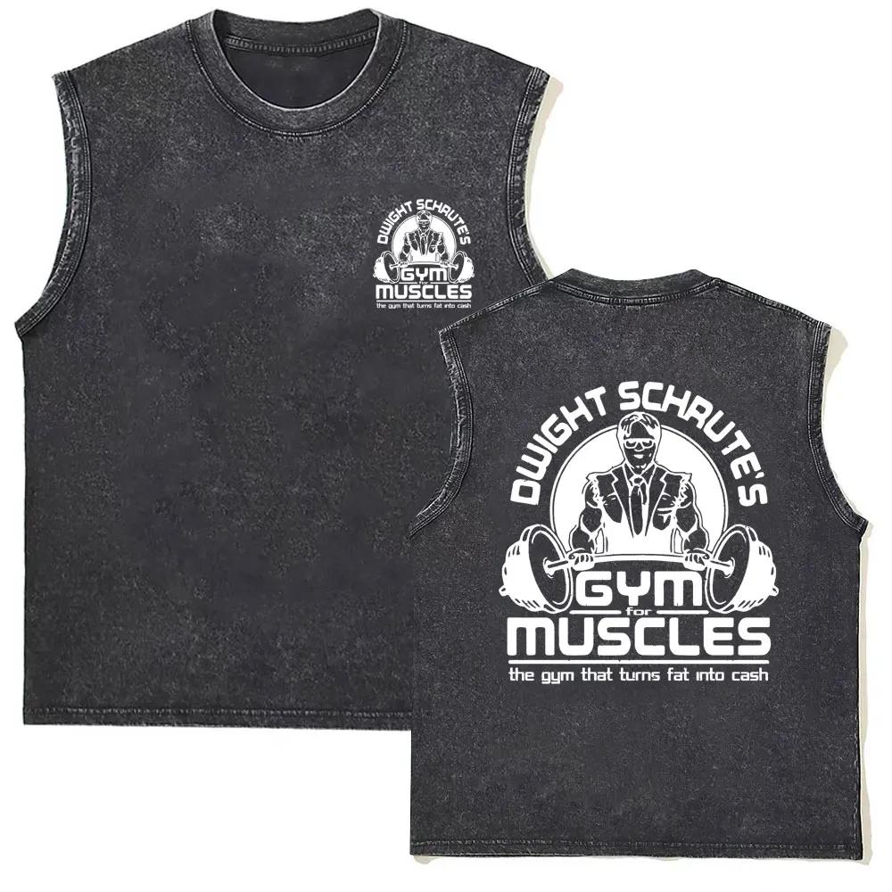 Men's Vintage Washed Sleeveless T-Shirt Powerhouse Gym Print Bodybuilding Tank Top Cotton Casual Muscle Fitness Vest