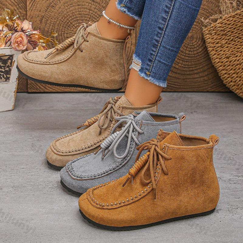 Damen Wildleder Kurzstiefel Herbst Winter Neu Weiche Sohle Leichte Bequeme Stiefeletten Mode Kreuzgebunden Rutschfest Freizeit Flachschuhe