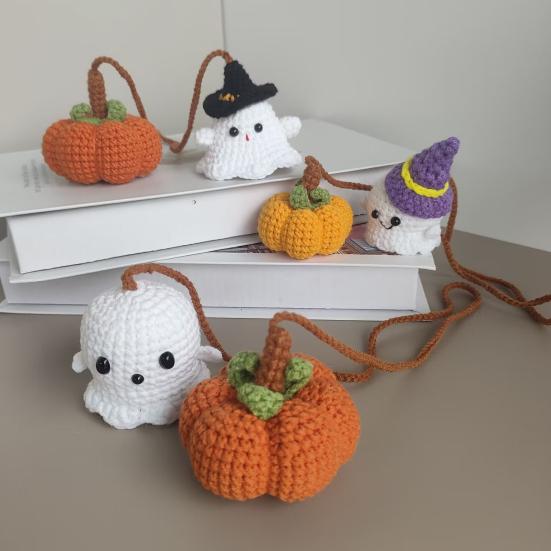 Halloween Crochet Pumpkin And Ghost Car Pendant Handmade Mini Knitted Ghost Pumpkin Hanging Ornament for Car Rear View Mirror Interior Accessories