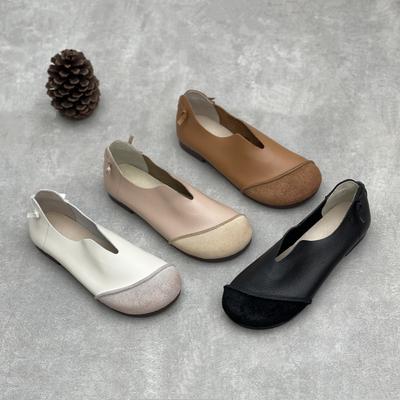 Scarpe basse da donna in vera pelle retrò con suola morbida Mocassini slip-on casual fatti a mano con punta tonda poco profonda