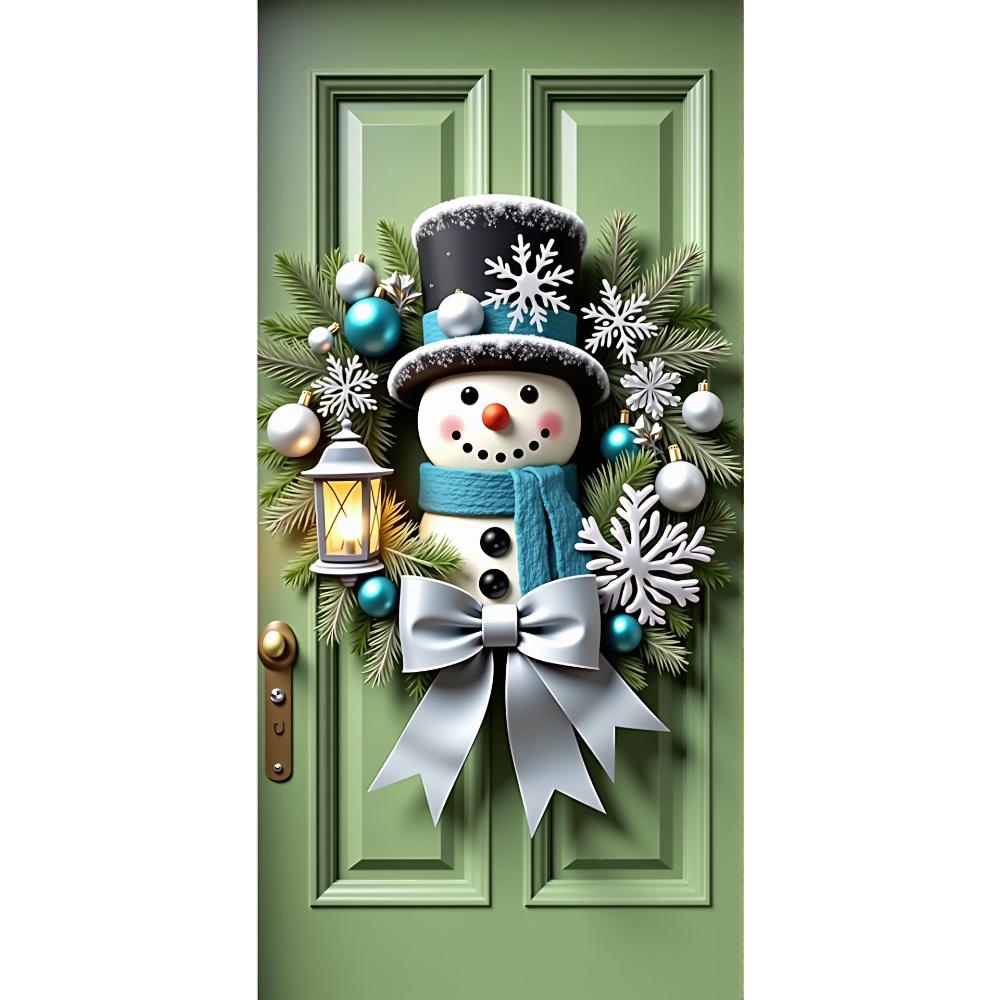 Snowman Wreath Green Lining For Christmas Doors Xmas Outdoor Decoration Door Cover For Front Door Home Christmas Party Supplies