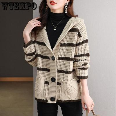 Retro Moda Çizgili Kapşonlu Kısa Kazak Ceket Kadın Sonbahar ve Kış Yeni Gevşek Örgü Hırka Dış Üst