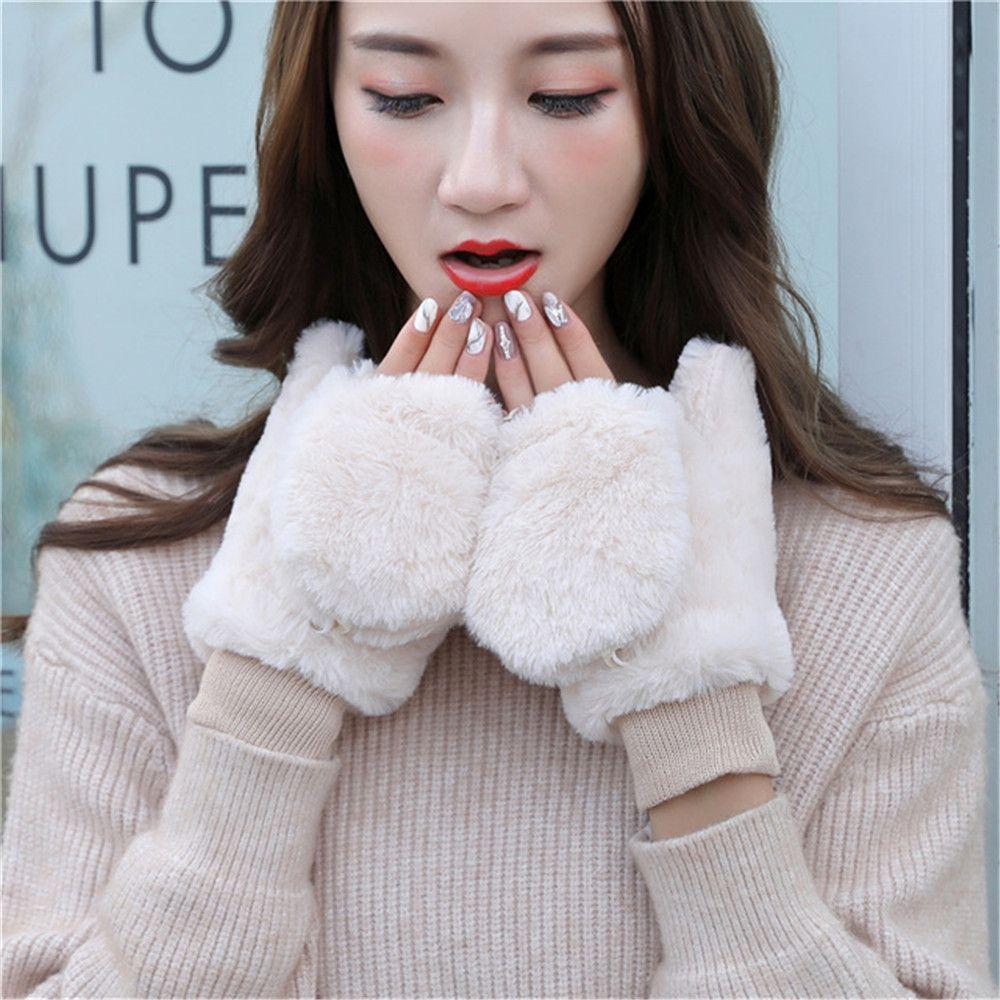 Winter Plus Velvet Windproof Thicken Warm Plush Mittens Faux Fur Gloves Flip Type Gloves