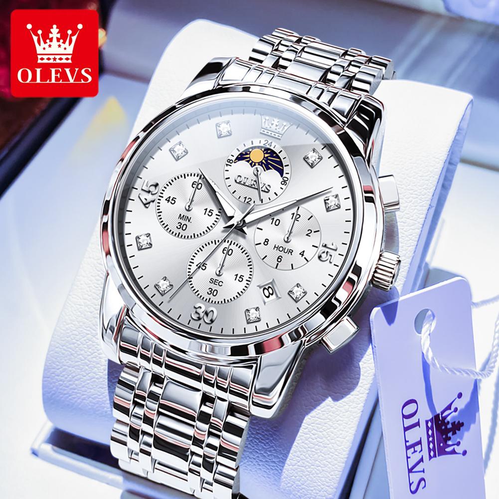 OLEVS 3652 Quartz Watches for Man Steel Strap Multi-functional Waterproof Luminous Chronograph Moon Phase Men's Wrist Watches