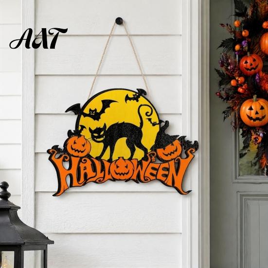 Waterproof Wood Porch Hanger Halloween Door Sign, Pumpkin And Black Cat Printed, with Hemp Fall Seasonal Sign Rope Lanyard, Decorative