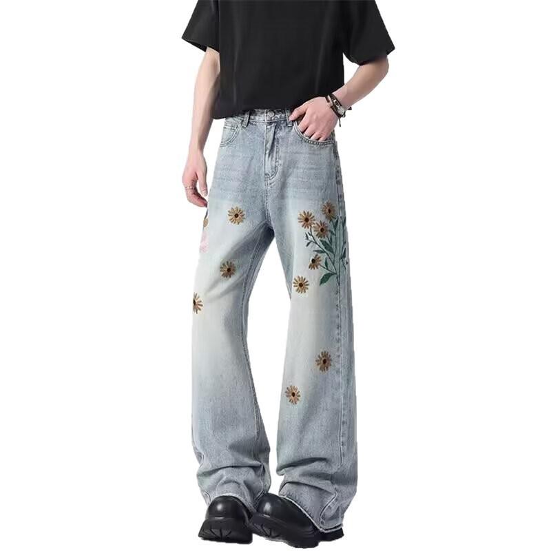 Spring American retro flower embroidery straight jeans men's design sense thin wide-leg pants