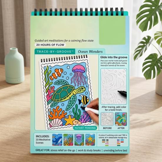 Stress Relief Coloring Activity Trace-By-Groove Guided Book, Clear Artistic Printing with 20 Decorative Double Sided Marker Pen Set Scenes And