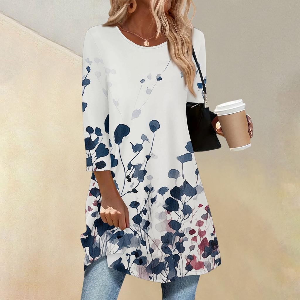 Women's Fashion Casual Three-quarter Sleeve Long Floral Print Round Neck Top