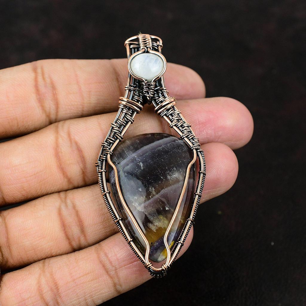 Multi Fluorite Pendant Copper Wire Wrapped Jewelry Rainbow Moonstone Gemstone Pendant Copper Wire Wrap Pendant Handmade Jewelry Gift For Her