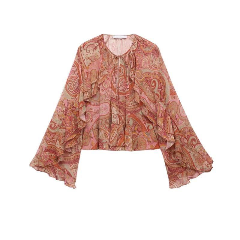 

Fall Women s Clothing round Neck Paisley Print Horn Long Sleeves Ruffles Loose Shirt Top 17054448 Brown L