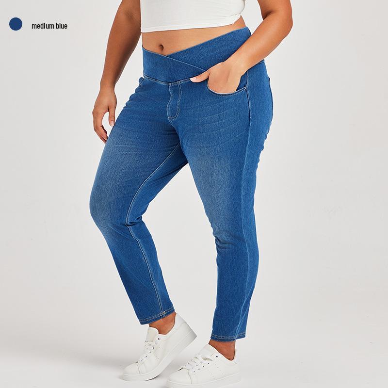 Cross-Waist Plus Size Skinny Jeans with Butt-Lifting Pockets & Monkey Wash
