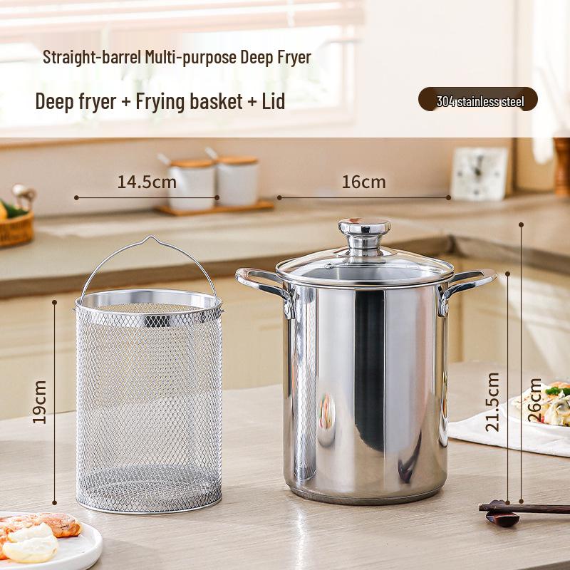 

304 Stainless Steel Double Handle Frying Pot with Filter - Multifunctional Household Kitchen Pan