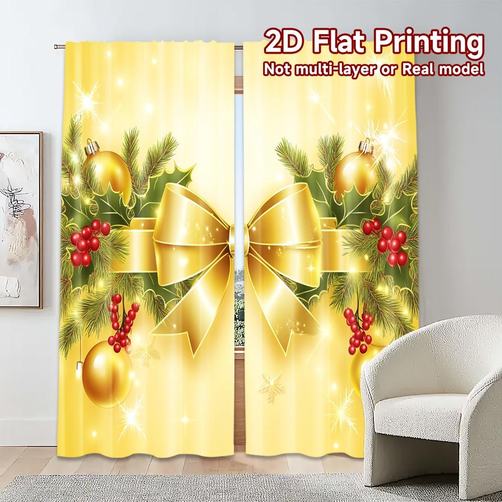 2pcs,Curtains Christmas Bow Holly Berries Ornaments Chic Light Filtering Curtains Machine Washable Fabric Curtains Decorations