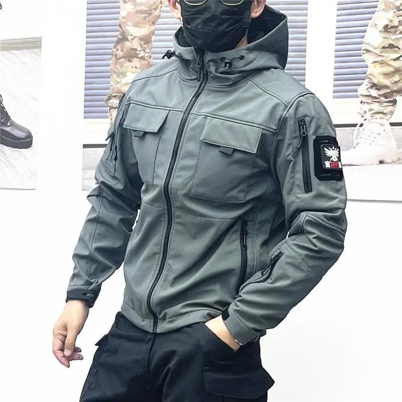 Men's Spring and Autumn Slim-fit Soft Shell Tactical Cycling Short Jacket Fleece Stretch Jacket Outdoor Cover Waterproof and Scratch-resistant Gray