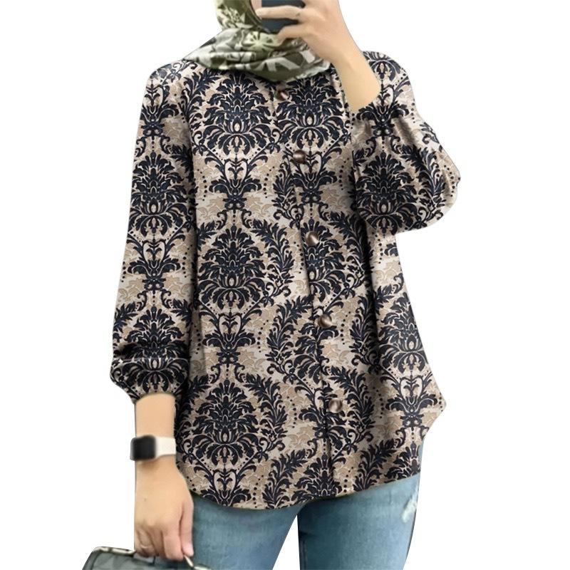 Большие размеры Женская новая цветочная модная рубашка с пышными рукавами S чёрный