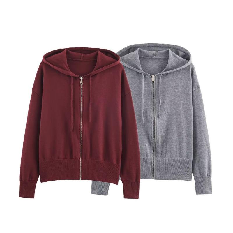 Women Knit Hooded Solid Long Sleeve Cardigan Sweatshirt