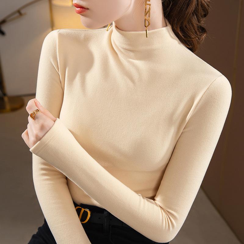 Double Sided German Velvet Base Shirt for Women's Autumn and Winter Basic Round Neck Brushed Long Sleeved Warm Inner Elastic Top