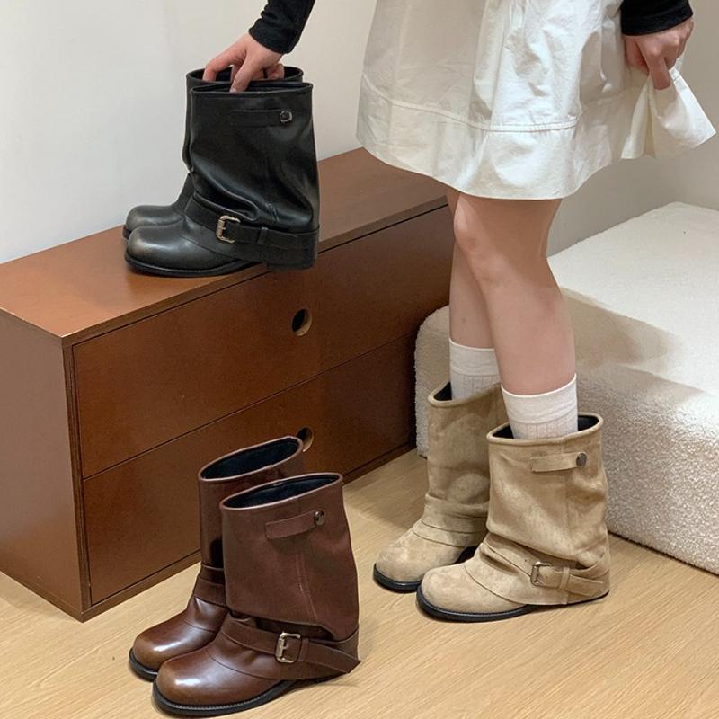 Autumn Vintage Pleated Women Western Ankle Boots Fashion Belt Buckle Thick Heel Shoes Ladies Elegant Party Dress Short Booties