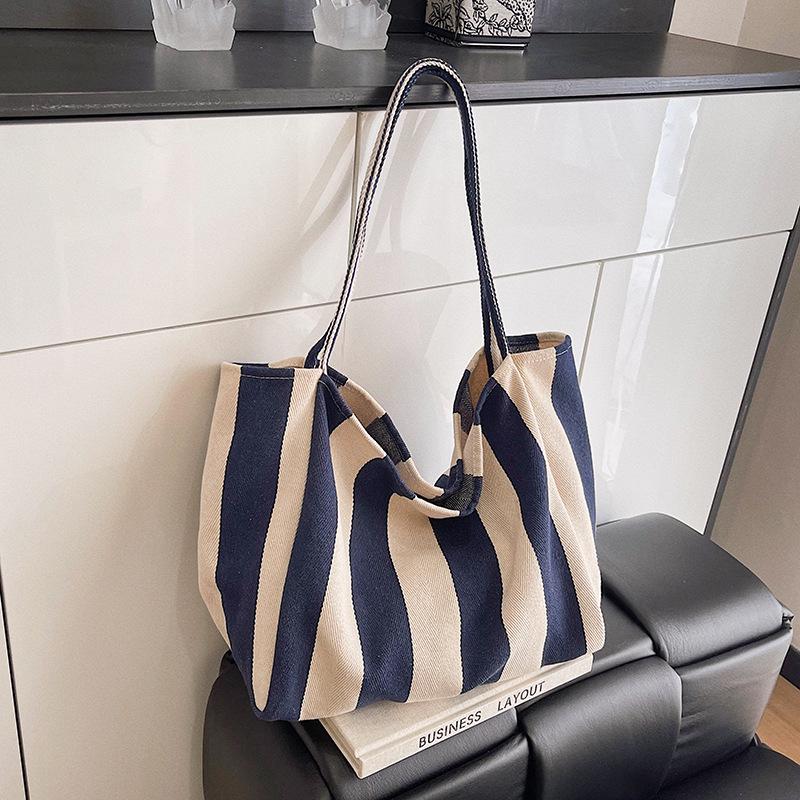 Striped Canvas Tote Bags - Korean Style, Large Capacity, Chic Single Shoulder Design