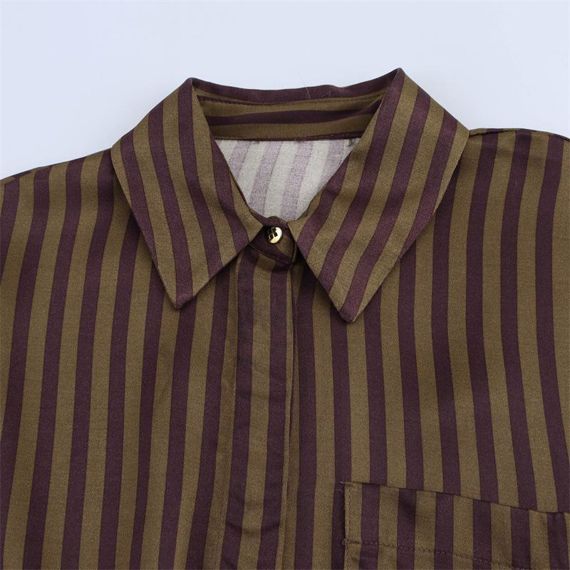 TAOP&ZA Spring/Summer Women's Striped Silk Satin Shirt and Casual Pants Set