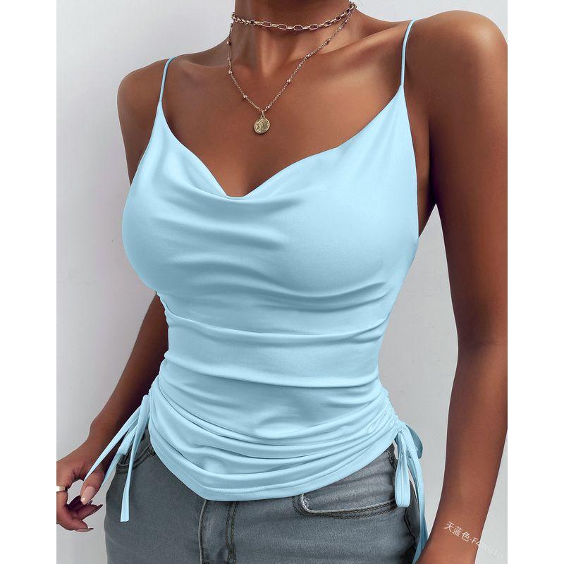 Europe and America Cross Border Export Summer Women's Deep V Neck Tied Top T-Shirt Sleeveless Sexy Vest Sling Basic Bottoming Shirt