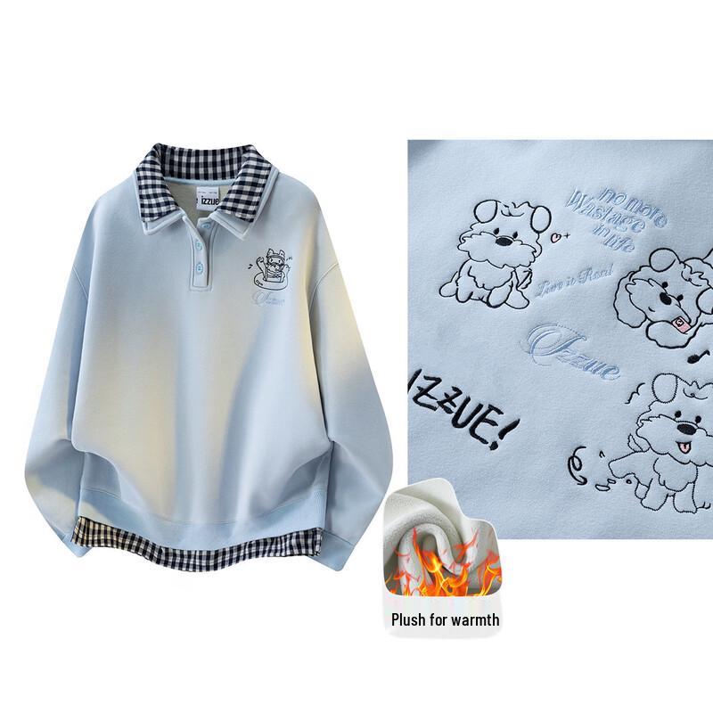 Izzueit Women's Cartoon Embroidered Fleece-Lined Color-Block Lapel Sweatshirt