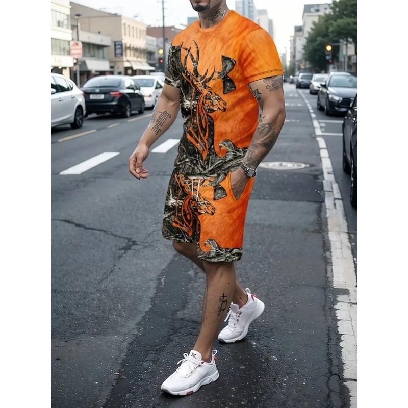 Hip Hop Style Personality Cartoon 3D Printed Men's Round Neck Short Sleeve 2 Fashionable Street Sports All-match Men's Suit