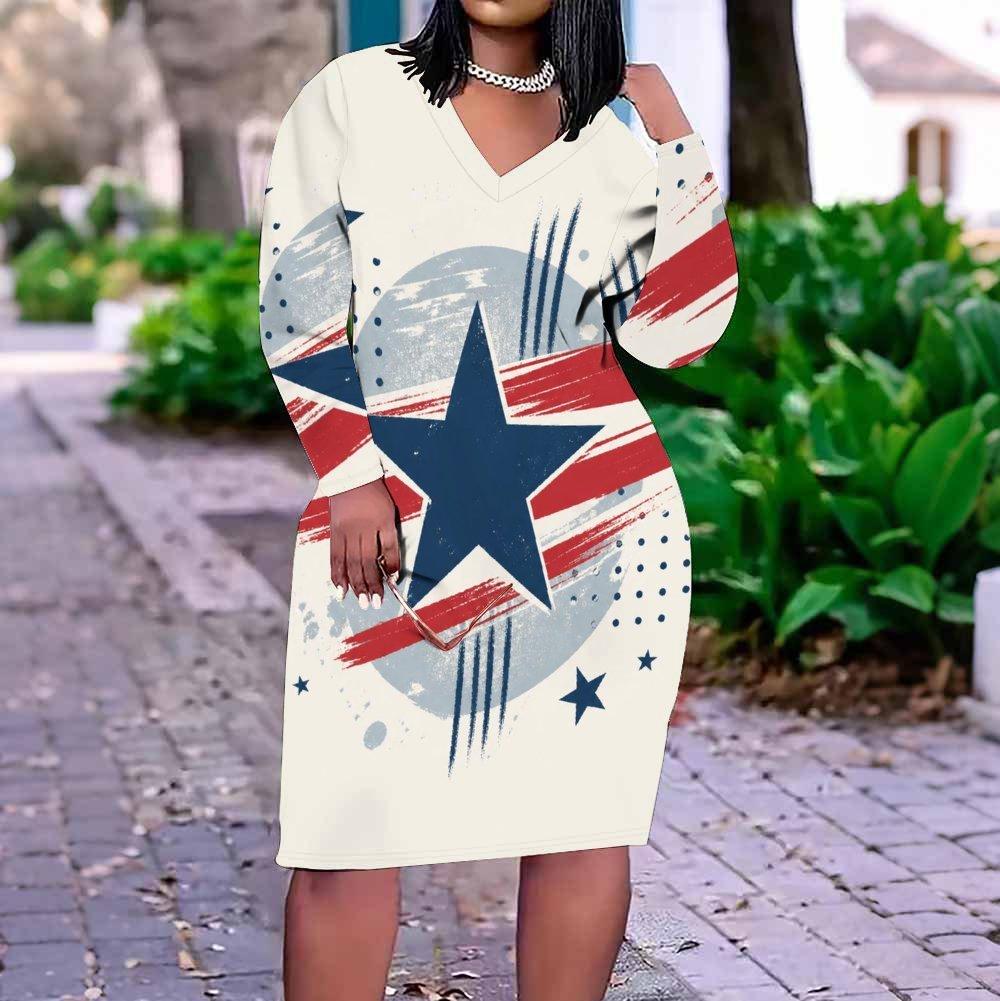 Women Plus Size Off White V Neck Long Sleeve Printed Fitted Straight Hem Dress