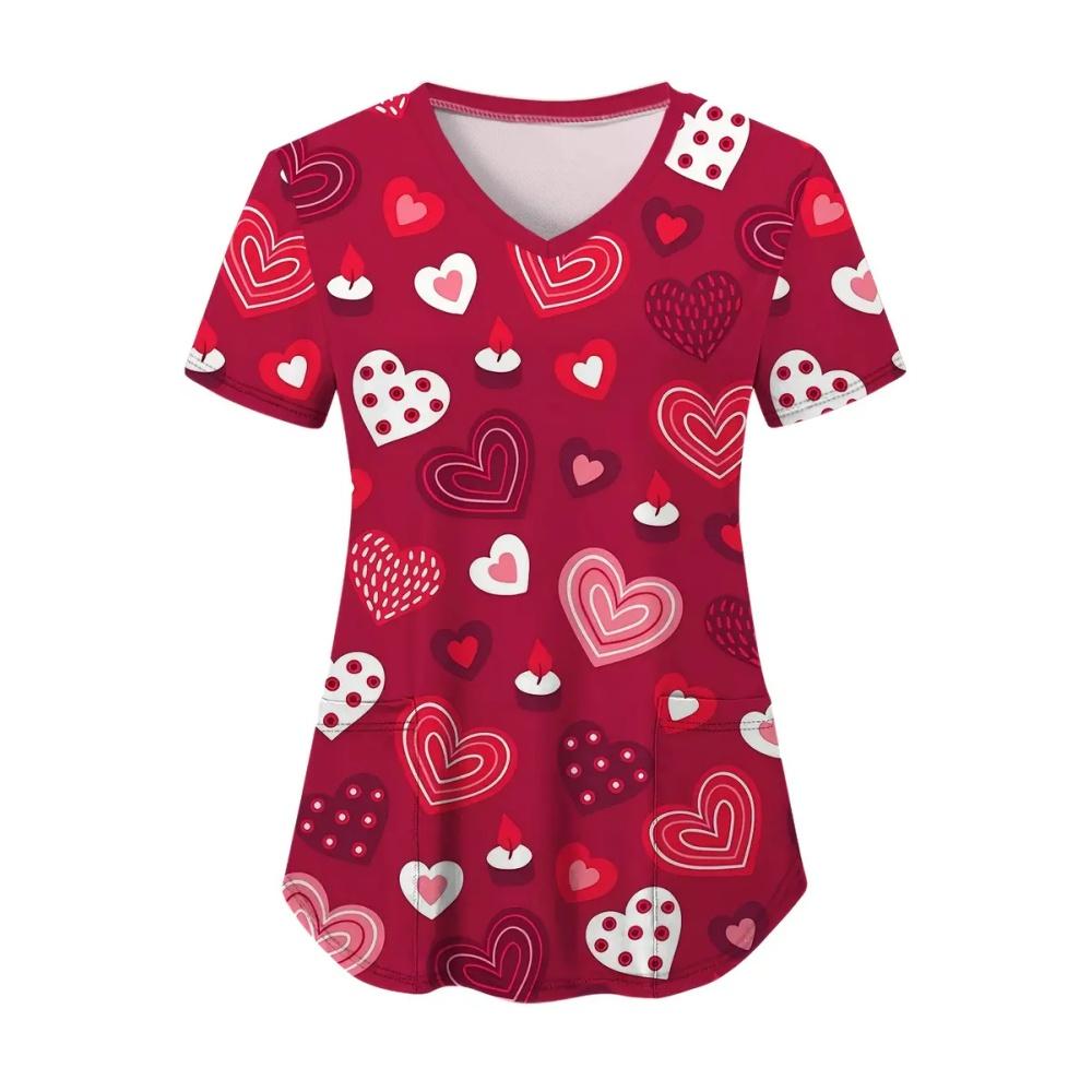 Fashion Heart Print Surgical Uniforms Woman V-Neck Health Care Clinical Uniform Summer Short Sleeve with Pockets Scrubs Woman
