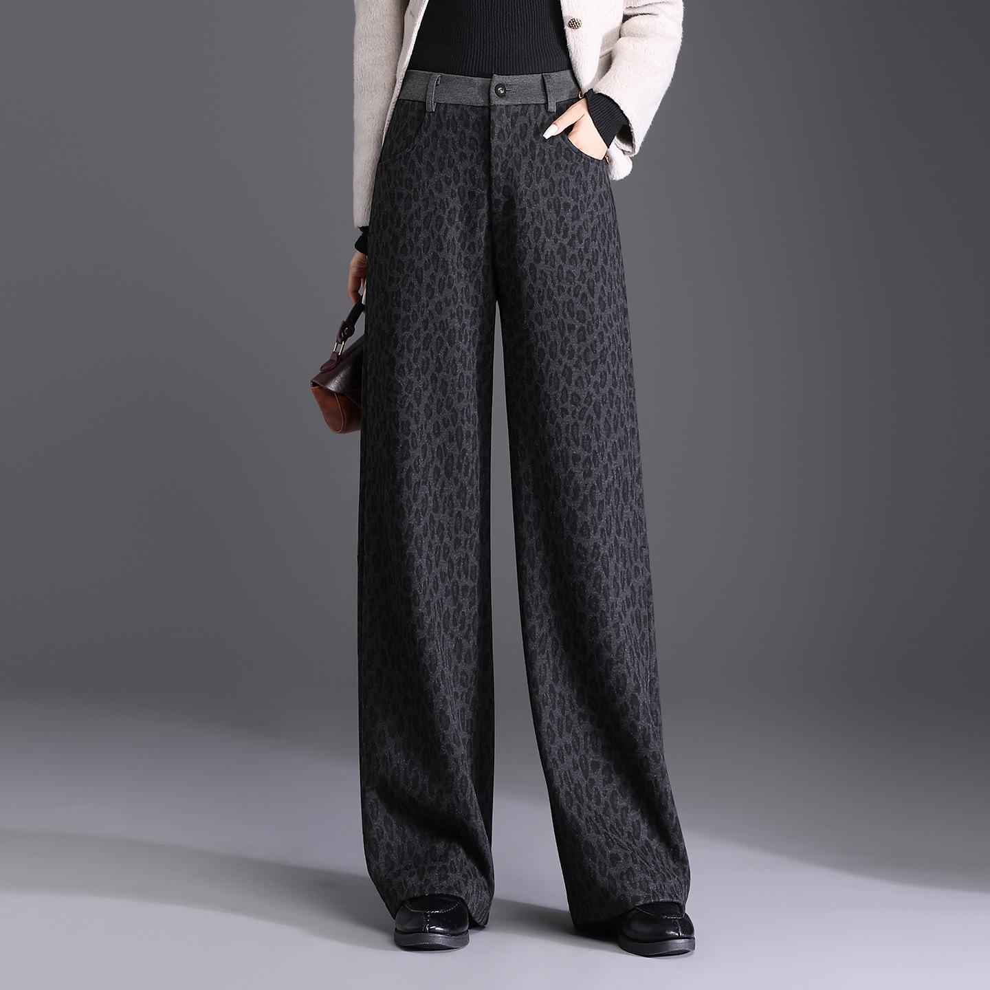 

Women s 2025 Leopard Print Wool-Blend Wide-Leg Pants - Autumn/Winter Loose Drape Floor-Length Trousers L цветной печати леопарда