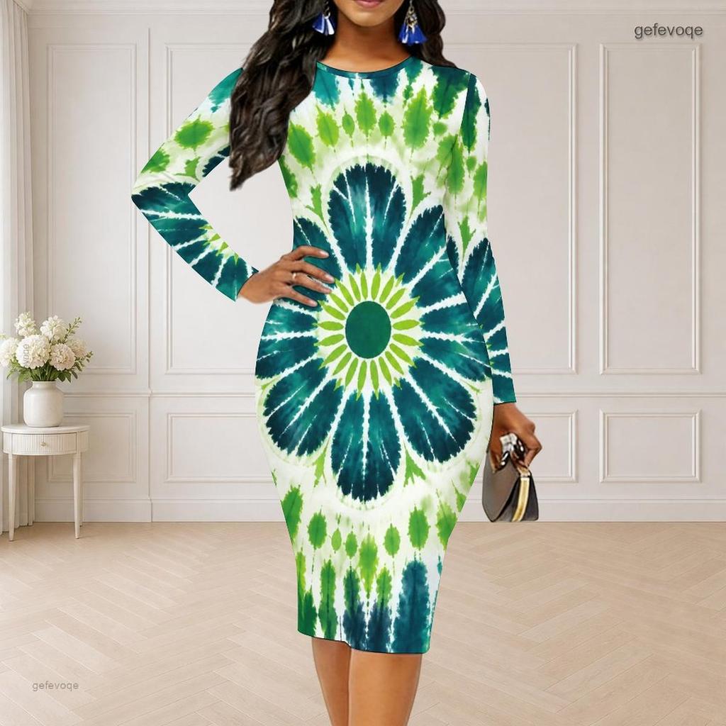 Women Plus Size Round Neck Long Sleeve Dark Green Clover Printed Bodycon Midi Dress