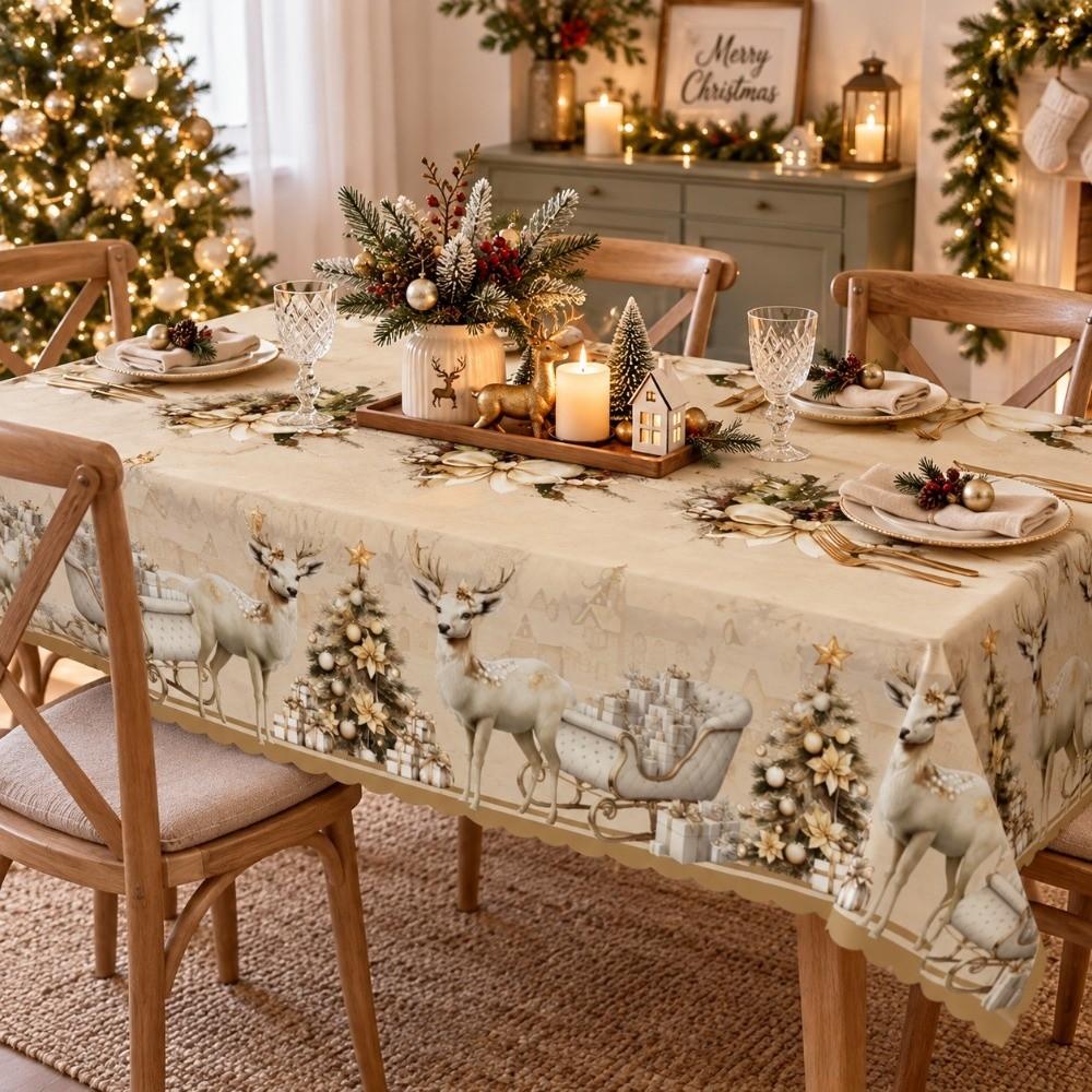 Waterproof Snowman Poinsettia Tablecloth Oil-proof Christmas Table Cover Dinner Table