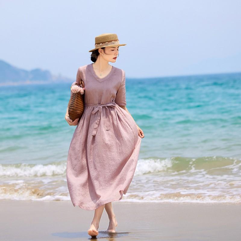 Johnature Woman Autumn Short Sleeves Dress Vintage Solid Color Loose Chinese Style V-Neck Dress