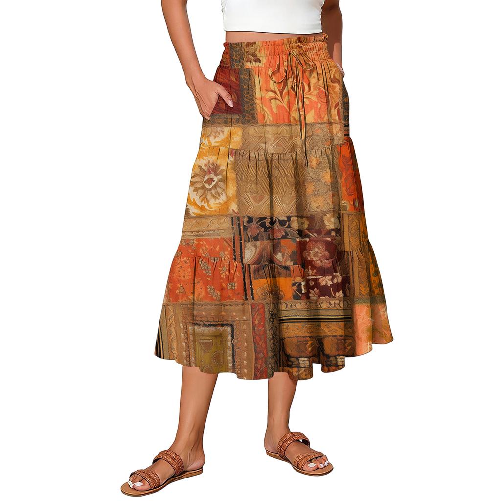 Womens Maxi Skirt Drawstring High Waisted Summer Long Skirts Lightweight Tiered Flowy Floral Pleated Skirts