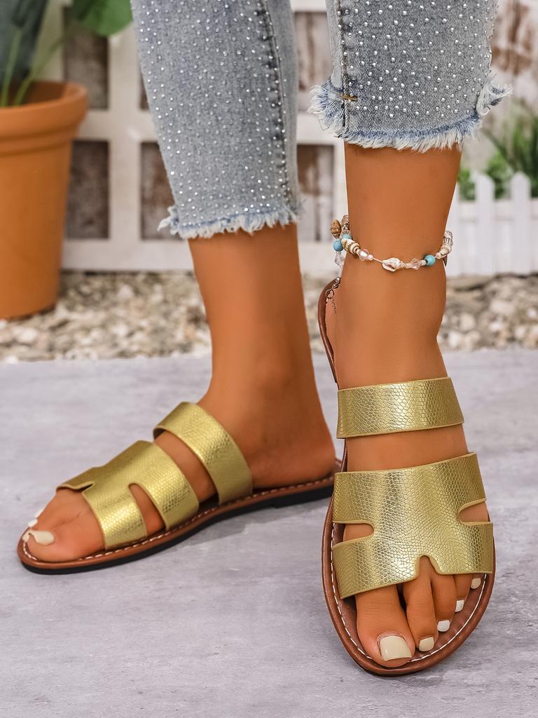 Damen Ein-Wort-Sandalen mit flachem Boden 2025 große Größe Sommer neu runder Kopf bequem flacher Boden Ein-Pedal coole Hausschuhe