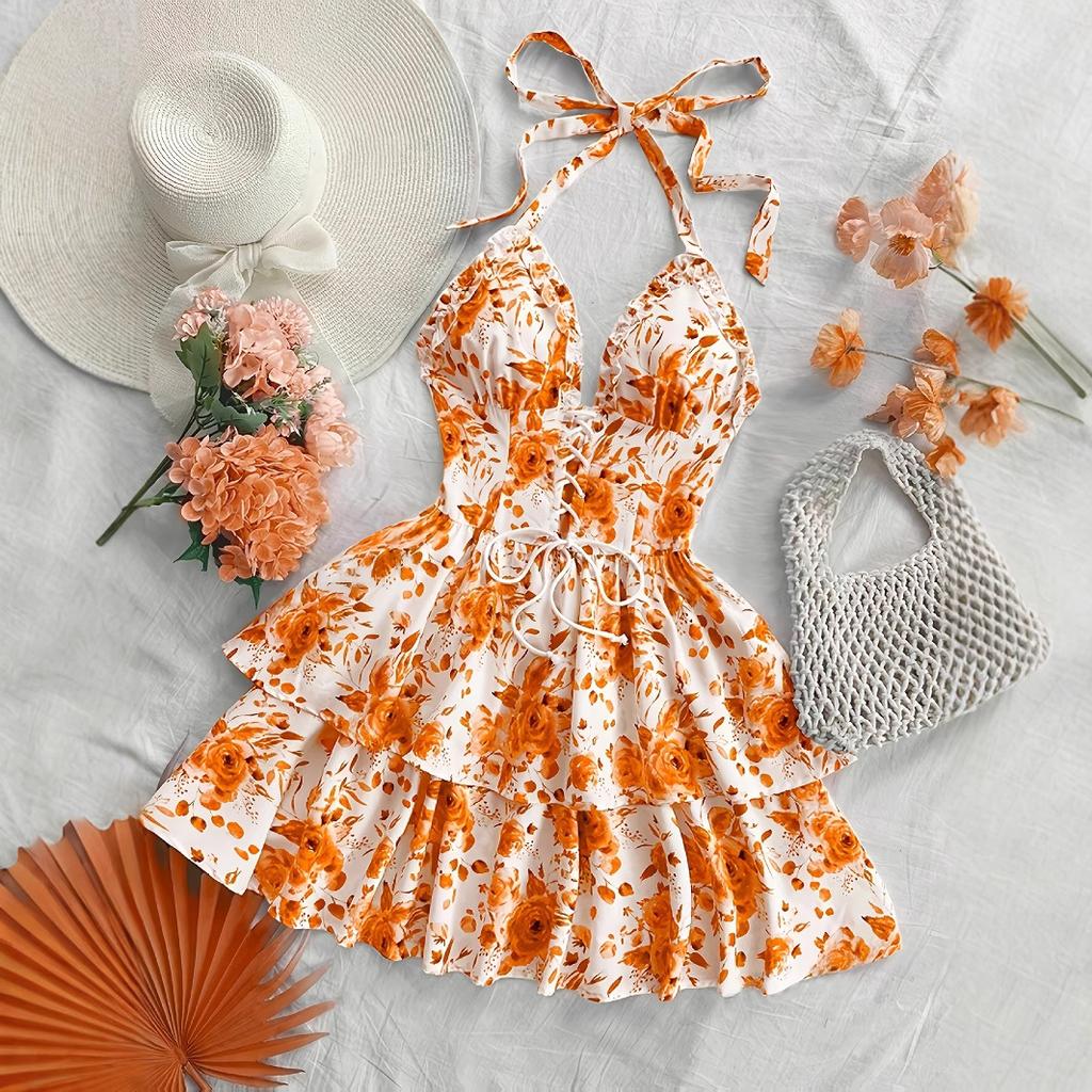 Summer Women's Fashionable Vacation Retro Blue and White Rose Printed Ruffled Dress