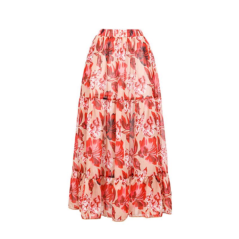 

Европейская и американская трансграничная отпускная А-силуэтная миди-юбка с цветочным принтом - Приталенный пляжный стиль 22057 Extra Large красный