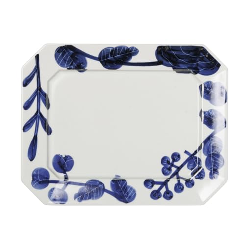 

Hasami ware Mitsuharugama rectangular plate, approximately 23cm wide x 18cm deep, microwave and dishwasher safe, Fururu Blue with floral pattern, Ma