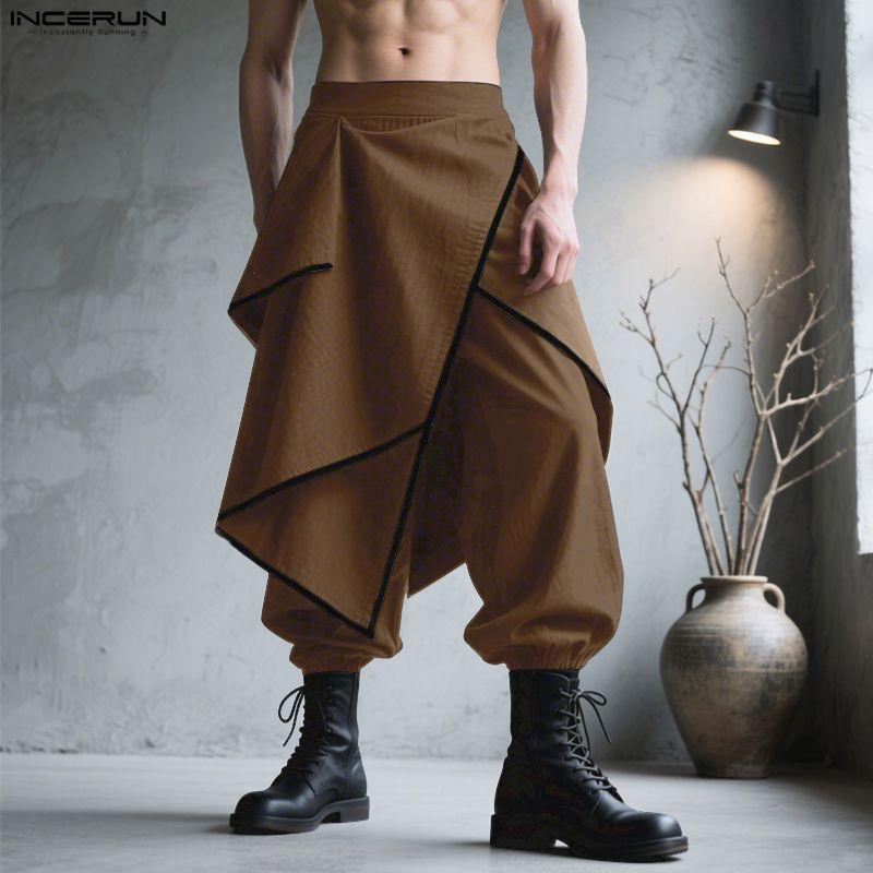 INCERUN Men Back Elastic Waist Ruffled Layers Casual Long Harem Pants Trousers