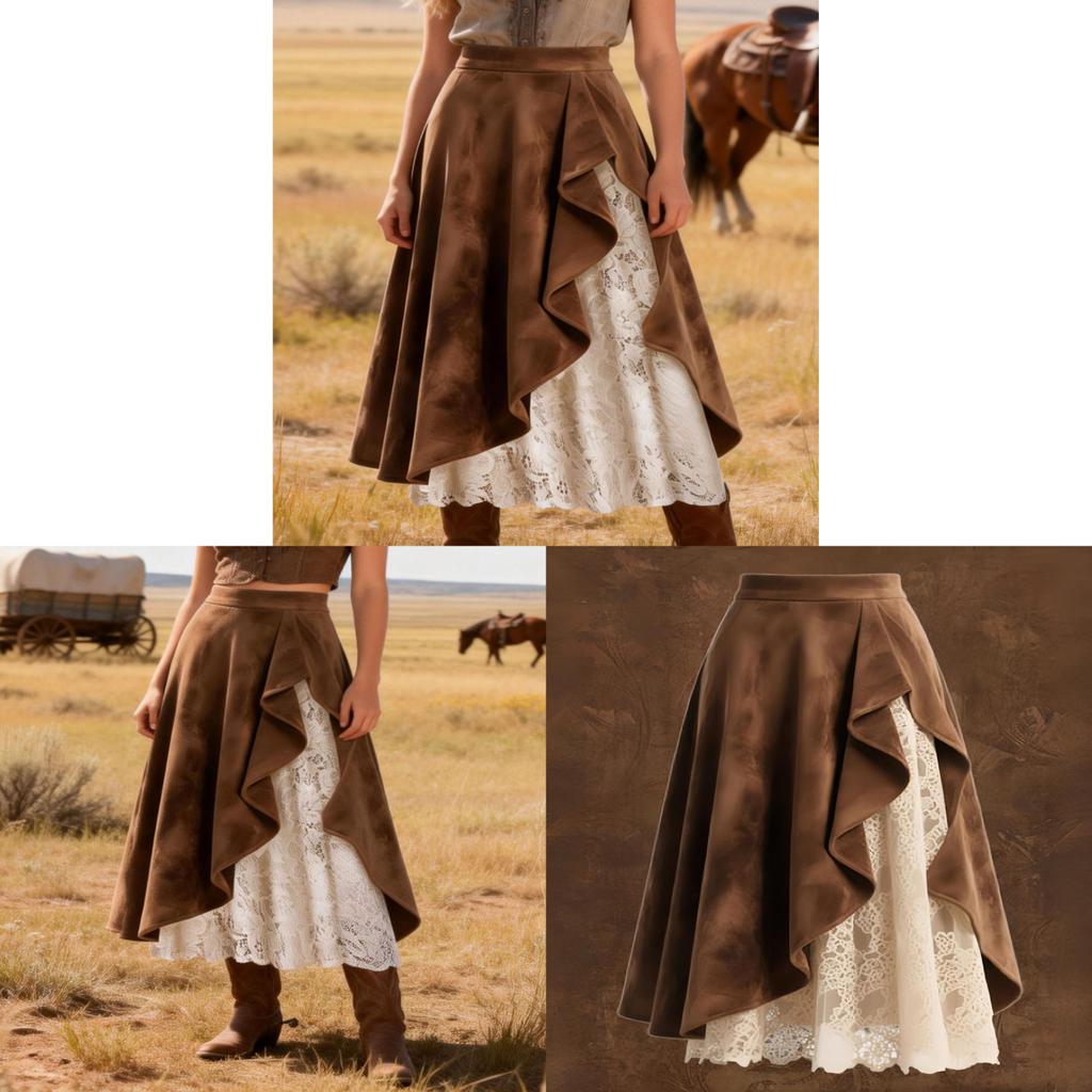 Vintage Western Leather Skirt With Lace Patchwork For Streetwear Fashion